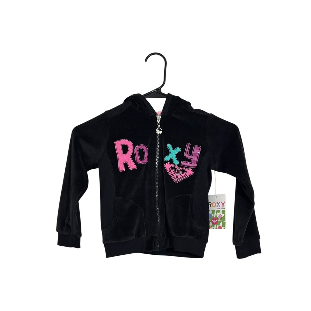 Roxy Teenie Wahine Black Velour Full Zip Hoodie Giddy Up Polka Dot Girls 4T NWT